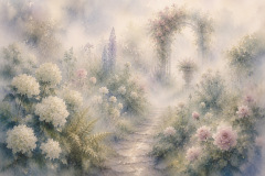 Verträumter Aquarellgarten mit weißen Hortensien, rosafarbenen Rosen, hohen Blüten, einem schmalen Steinweg und einem überwachsenen Gartenbogen im Morgennebel.