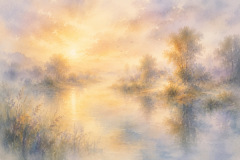 Verschwommenes Aquarell einer ruhigen Flusslandschaft im goldenen Morgenlicht mit Bäumen, Vögeln und einem kleinen Haus am Ufer.