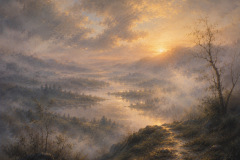 Malerische Flusslandschaft in einem weiten Bergtal bei Sonnenuntergang, mit leuchtendem Himmel, Nebel, dunklen Bäumen und einem schmalen Pfad im Vordergrund.