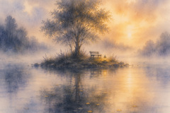 Verträumte Aquarelllandschaft mit einer kleinen Insel, einem großen Baum, einer leeren Bank und einer leuchtenden Laterne im goldenen Abendlicht.