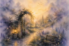 Verträumter Aquarellgarten im Abendlicht mit offenem Eisentor, leuchtenden Laternen, Gartenbank, Brunnen und einem kleinen Pavillon zwischen blühenden Pflanzen.